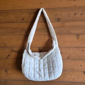 White Puffer Grid Shoulder Tote Bag Purse Squishy Puff Zip Close Inside Pocket